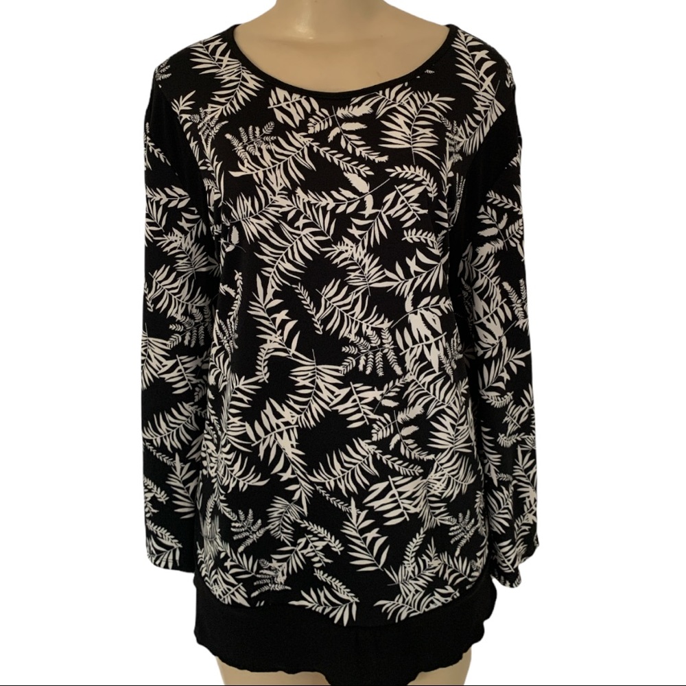 NWT Model France Canada PLUS 3X Leaf Floral Black LS Scoop Neck Stretch Blouse